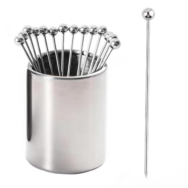 BYAYUGUB Cocktail Picks 15Pack+1 Pack Metal Holder Kit,Cocktail Skewers 304 Stainless Steel Appetizer Skewers,Reusable Metal Cocktail Sticks for Drinks,Cocktail Toothpick for Fruit