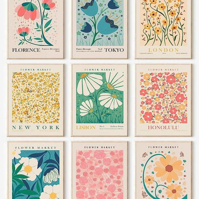 Flower Market Poster Set of 9, Abstract Flower Market Wall Art Prints, Vintage Colorful Floral Wall Art Decor, Minimalist City & Flower Painting Pictures for Aesthetic Room, Bedroom, Living Room, Gallery, Boho Room Decor（8x10inch, Unframed)