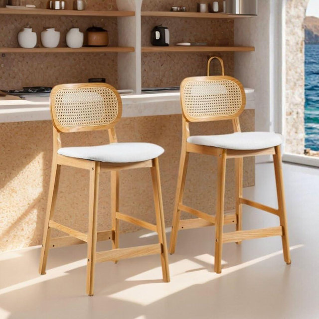 ROCITY Rattan Counter Stools Set of 2 Farmhouse Wooden Bar Stools Beige Linen Fabric Bar Chairs 26 Inch Kitchen Island Chairs with Curved Back