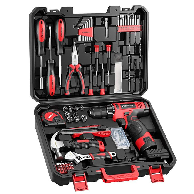 PULITUO 148-Piece Home Drill Set with 12V Red Cordless Drill, Hand Tools, Tool Box, Ideal for Men, Women, and DIY Enthusiasts for Home Improvement.