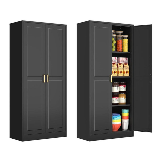 Polup 60 Inch Tall Pantry Cabinet, Metal Kitchen Storage Cabinet with Doors and Shelves, Black Cupboard for Food Storage, Freestanding Cabinet for Living Room, Dining Room - Assembly Required