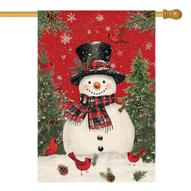 AVOIN colorlife Snowman with Scarf Christmas House Flag 28x40 Inch Double Sided, Cardinal Winter Farmhouse Yard Outdoor Decorative Flag