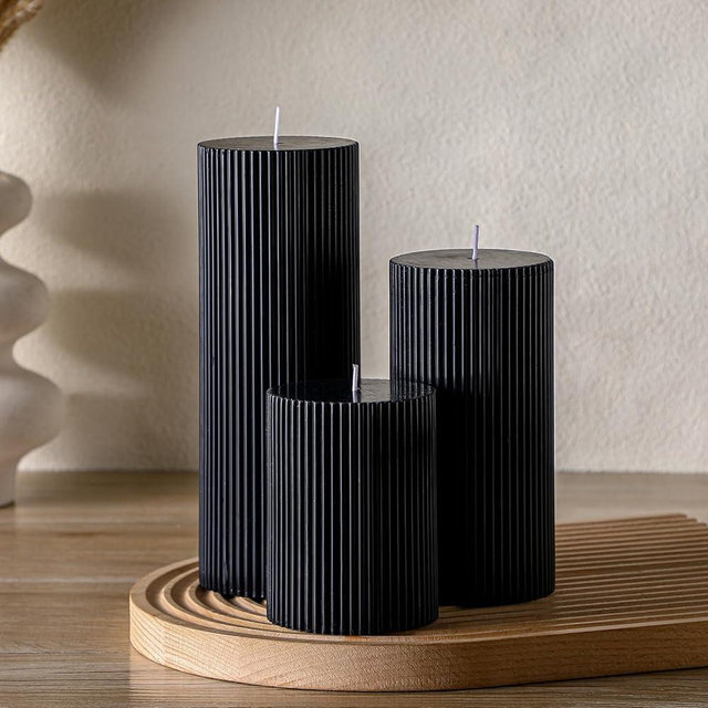 Conelist Ribbed Pillar Candles Set of 3, Width 3" High 4" 6" 8" Large Soy Wax Scented Pillar Candles Aesthetic Ribbed Modern Home Decor for Bathroom Living Room(Black)