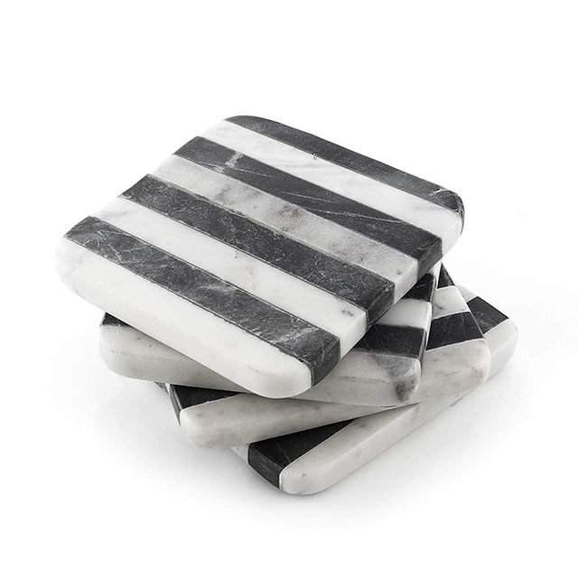 Thirstystone Old Hollywood Square B&W Striped Marble Coasters (Set of 4), Multicolor