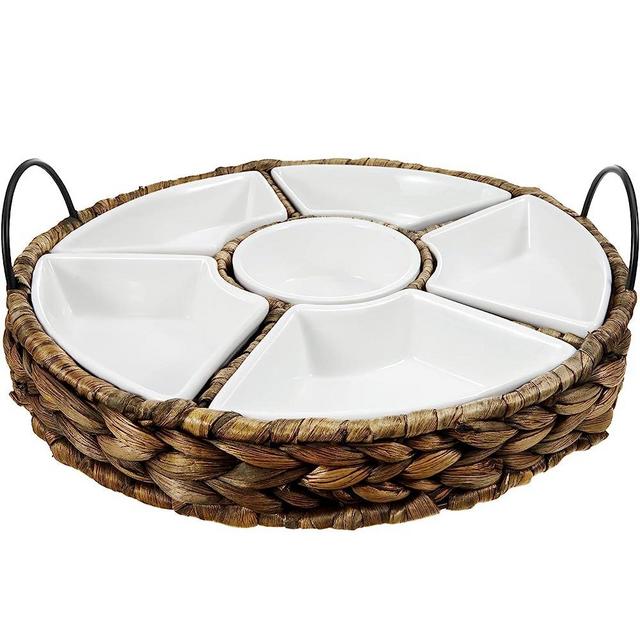 Ceramic Divided Serving Dishes Appetizer Serving Tray and Platters Set Snack Tray Relish Tray 6 Removable Snack Bowls with Basket for Relish Party Fruit Pizza Candy Nuts Condiment Veggies Chips Dips
