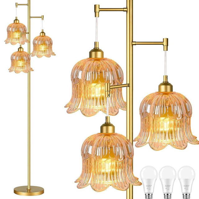 QIYIZM Glass Floor Lamp for Living Room,Bedroom,Mid Century Modern Standing Lamp Brass Tree 3 Light Tall Floor Lamps Vintage Floor Lights Gold Tulip Flower Lamp Shade Farmhouse Boho Bohemian