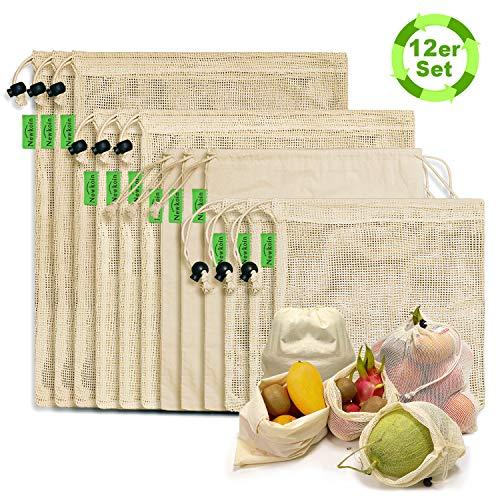 Reusable Produce Bags - Durable Organic Cotton Mesh Produce Bags ECO-Friendly Grocery Bags with Tare weight, 4 Sizes 12 Packs Lightweight Machine Washable Vegetable Bags with Organizing Drawstring