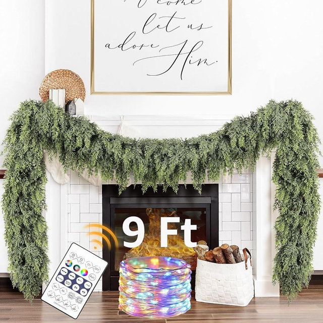 Cedar Christmas Garland with Lights for Mantle - Decorations 9ft Realistic Lighted Faux Pine Garlands for Xmas Home Decoration Indoor Stairs Railing Fireplace Outdoor 9 ft Prelit Garland Door Decor