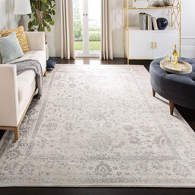 SAFAVIEH Adirondack Collection ADR109C Oriental Distressed Non-Shedding Living Room Bedroom Area Rug, 6'7" x 6'7" Square, Ivory / Silver