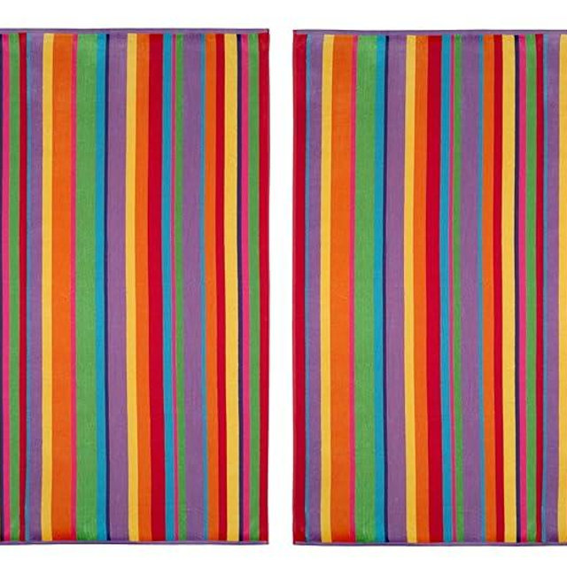 COTTON CRAFT Summer of Siam Extra Wide Beach Towel for Two - 2 Pack Oversized 58x68 - Pure Cotton Velour Thick Plush Super Soft Luxurious Pool Picnic Bath Towel - 450 GSM - Multi Color Stripe