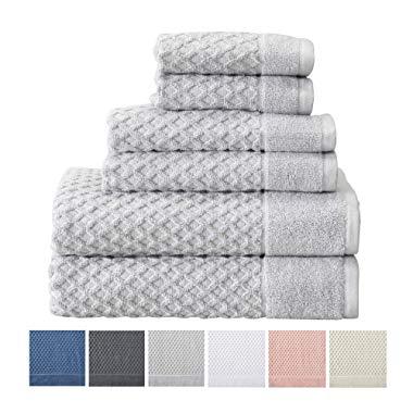 6-Piece Towel Set. 100% Cotton Bathroom Towels. Absorbent Quick-Dry Textured Towels. Set Includes 2 Bath, 2 Hand, and 2 Wash. (6 Piece, Light Grey)
