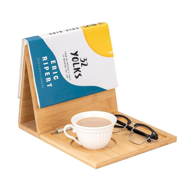 Wooden Book Holder Stand for Page Rest Book Nook Reading Valet with Coffee Mug Cup Glasses Pen Ipad Holder for Nightstand Desktop Bedside Birthday Gifts for Book Lovers
