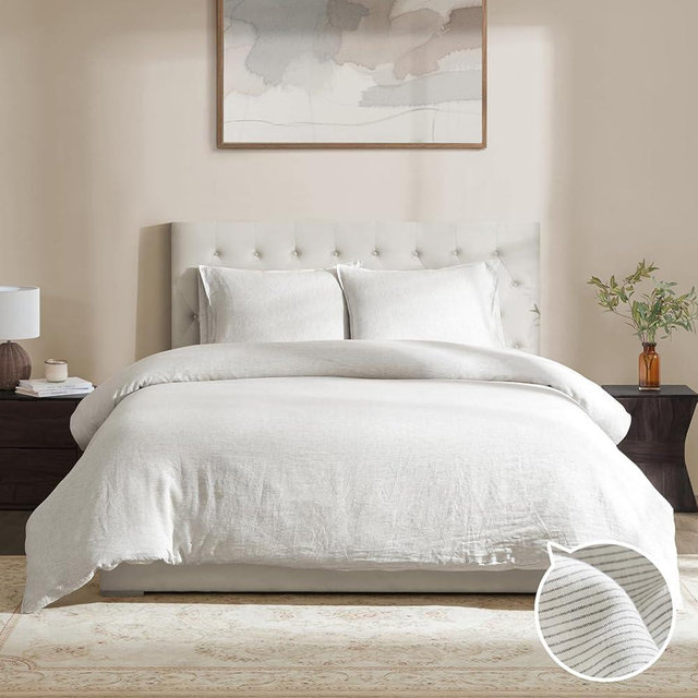 DAPU Linen Duvet Cover Queen,Yarn Dyed Striped Pattern 100% Washed Linen Bedding with Envelope Closure,3 PCs Soft Linen Duvet Cover Set,Thin Stripe Weaved Pattern in Off-White & Grey,Queen Size