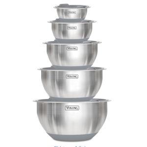 Viking Mixing Bowls Set, 10 Piece Stainless Steel Kitchen Cookware, Non-Slip Silicone Base, Includes Tight Fit Lids, Dishwasher Safe, Grey