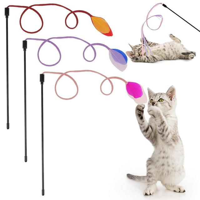 simarro 3 Pcs Cat Feather Wand Toys, Interactive Cat Teaser Wand Toy for Indoor Cats Adult, Colorful Feather Kitten Cat Stick Toys for Indoor Cats Play Chase Exercise