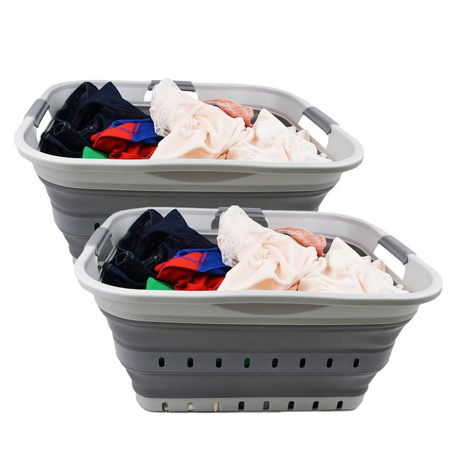 SAMMART 42 (11 Gallons) Collapsible Plastic Laundry Basket, Foldable Pop Up Storage Container/Organizer, Space Saving Hamper, Portable Bin for Dorm Room Bathroom (2, Grey)
