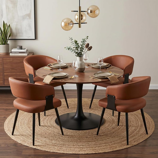 IZXGS Dining Chairs Set of 4, Modern Upholstered Faux Leather Kitchen Chairs with Curved Back, Easy to Assemble & Clean for Dining Room, Restaurant, Cafe, Brown
