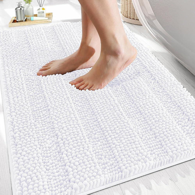 OLANLY Thick Bathroom Rugs 30x20, Extra Soft Absorbent Chenille Striped Bath Rugs, Rubber Backing, Machine Wash Dry, Bath Mats for Bathroom Floor, Tub and Shower, Home Decor Accessories, White