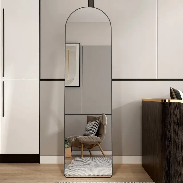 60" x 16.5" Modern Floor Mirror, Aluminum Alloy Metal Frame Arched Wall Mirror, Full Length, Black 4S - ModernLuxe