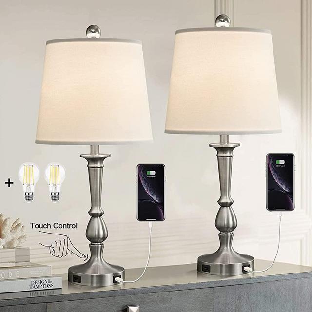 Modern Table Lamp Set of 2, 3-Way Dimmable Touch Control NightStand Lamp, Industrial Nightlight Lamp for Bedroom Bedside Living Room Foyer Study Room, Bulbs Included (Nickel)