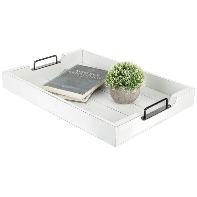 MyGift Vintage White Wood 20-Inch Serving Tray with Black Metal Handles