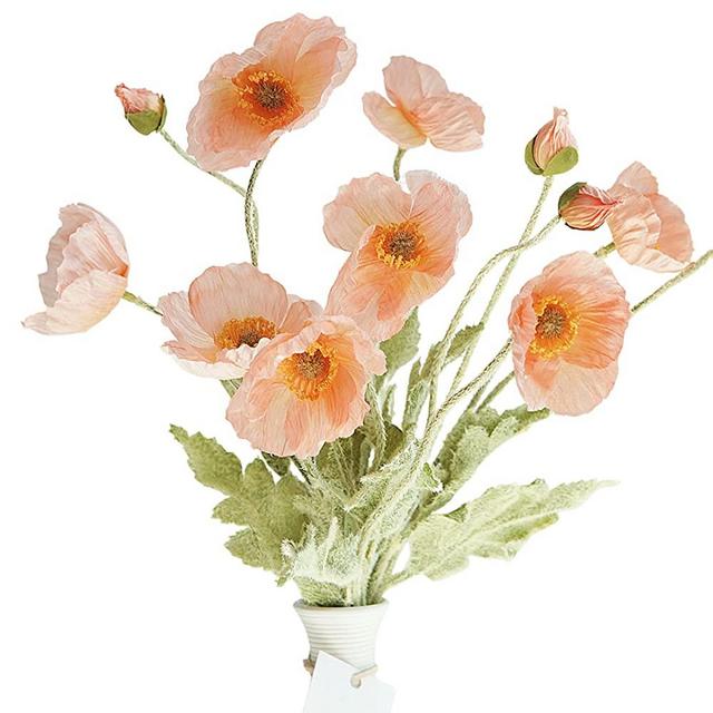 Kamang Artificial Poppy Silk Flowers (3 Stems) for Home Decor and Wedding. Faux Poppy Flowers. Artificial Poppy Flower Arrangement and Table Centerpiece. Silk Flower for Pink Room Decor (Peach Coral)