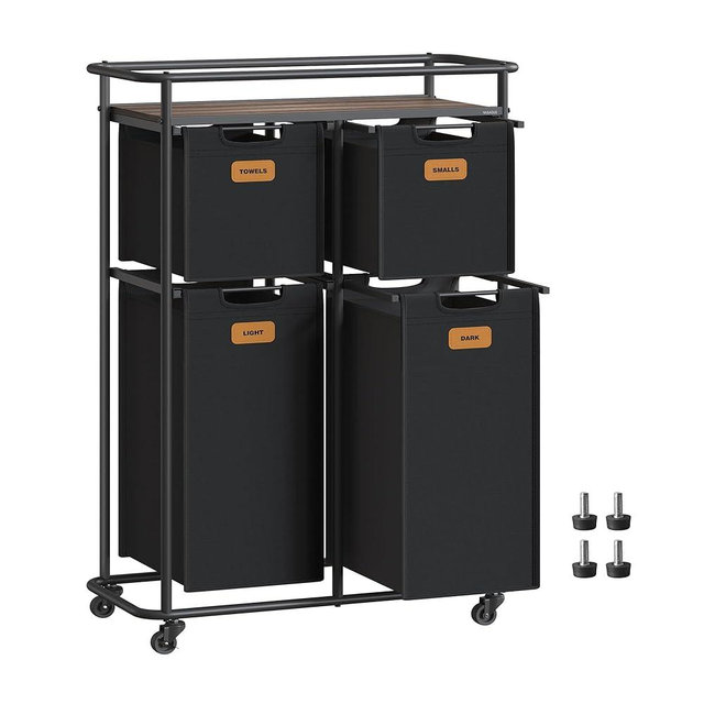 VASAGLE Laundry Sorter, Laundry Hamper with Wheels, 39.6 Gal. (150 L) Portable Rolling Cart Baskets with Shelf, 4 Removable Liners and 6 Labels, Ink Black and Chestnut Brown URLS100B01