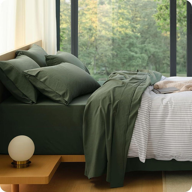 Bedsure 100% Washed Cotton Percale Sheets Queen Size - Linen Like Textured 6-Piece Bedsheet Set with 18" Deep Pocket, Breathable & PureWoven Soft Comfy (Olive Green, Queen)