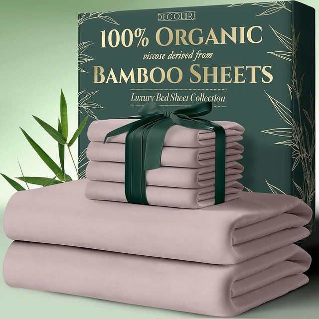 DECOLURE 100% Organic Viscose Derived from Bamboo Sheets Queen Size 6pcs - Ultra Soft & Luxuriously Cooling, 17" Deep Pocket, Double Stitching, Perfect for Hot Sleepers - Queen Bed Sheets (Light Pink)