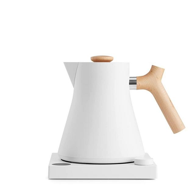 Fellow Corvo EKG Electric Tea Kettle - Electric Pour Over Coffee and Tea Pot - Quick Heating Electric Kettles for Boiling Water - Temperature Control and Built-In Brew Timer - Matte White with Maple Handle - 0.9 Liter