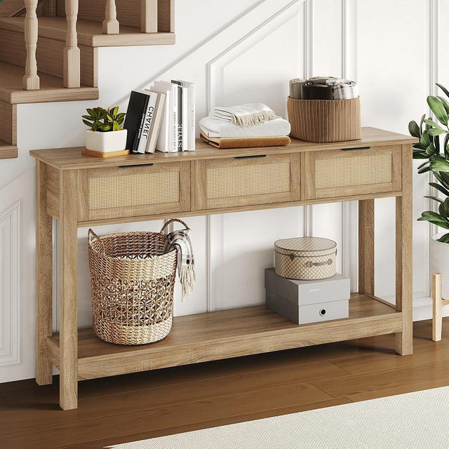 Luoxiao Rattan Console Table Boho Entryway Table - Narrow Long Sofa Table, Hallway Foyer Table, Behind Couch Table with 3 Drawers and Open Storage Shelf for Living Room and Corridor,Wood