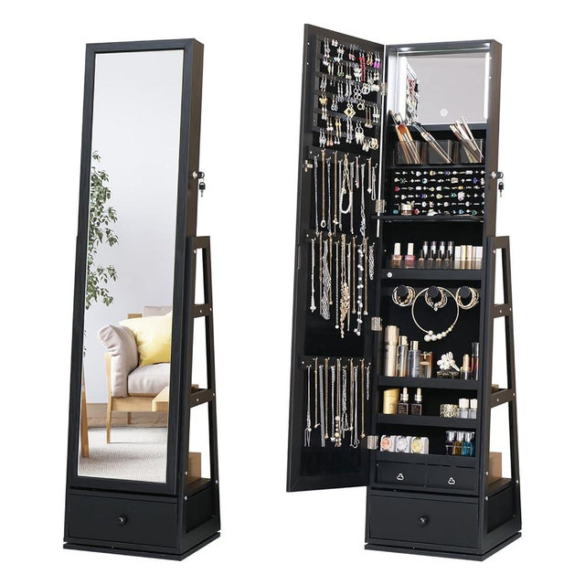 MASMIRE Full Length Mirror Jewelry Cabinet Standing With Built-In Mirror - 63.7”H Jewelry Armoire With Mirror & 3 Drawers, Lockable Storage Mirror With 3 Storage Racks (Black)