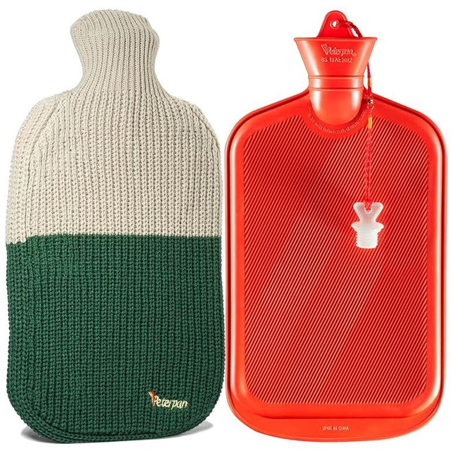 Peterpan Knit Rubber Hot Water Bottle with Wool Blend Cover, Size: XXX-Large, Hot Water Bottles for Pain Relief, BPA & PVC Free, 100 Fl Oz Capacity, Original, Wool Blend Hot Water Bottle, Gray & Green