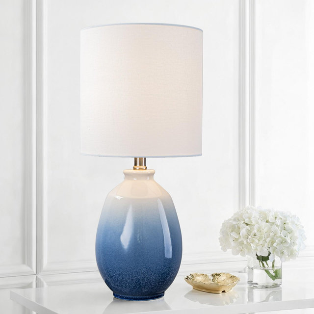 C Cattleya 19.75in. Gradient Blue Ceramic Table Lamp with White Linen Shade and Brushed Nickel Lamp Neck