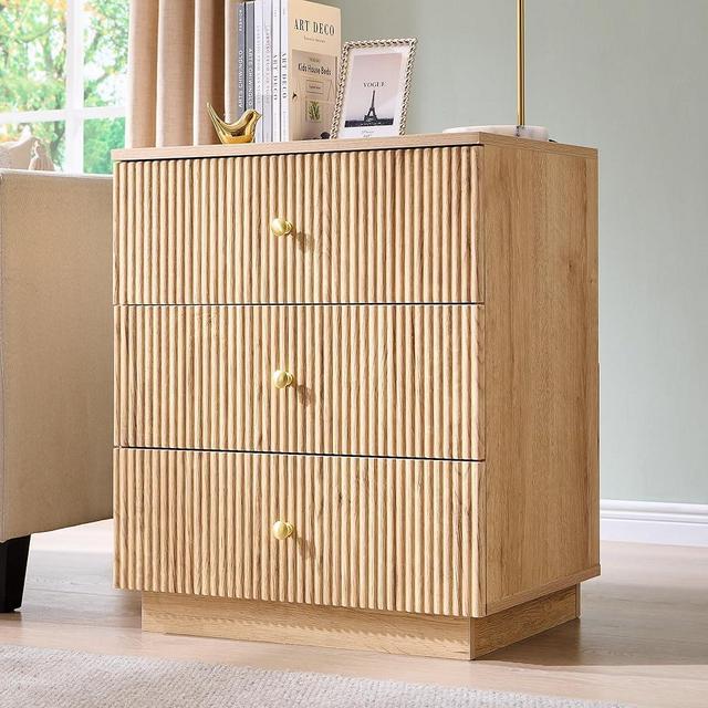 wow97e Fluted Night Stand with Charging Station, 21.65" Nightstand with Drawer, 3 Drawer Dresser for Bedroom, Morden End Table Bedside Table Chests of Drawers for Bedroom, Living Room, Natural