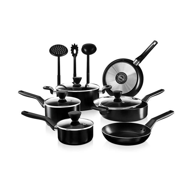 NutriChef 13 Piece Aluminum Nonstick Kitchen Cookware Pots and Pan Set with Lids, Strainer and Cooking Utensils, Black