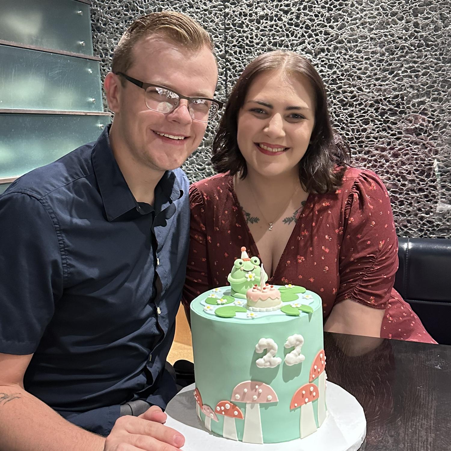 Zach LOVES frogs. For his 22nd birthday, I ordered him a cake with frogs and mushrooms on it. We made him eat the frog… he was not happy. 

“The poor guy,” - Zach
