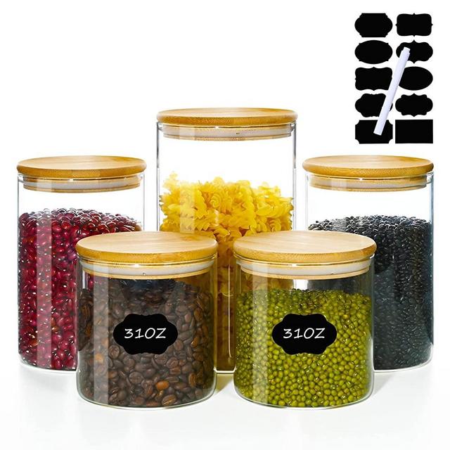 Glass Jars with Bamboo Lids, Glass Food Storage Containers, Airtight Stackable Kitchen Canister Sets for kitchen Counter, Candy, Cookie, Rice, Sugar, Flour, Pasta, Coffee, Grain, Cereal (Set of 5)