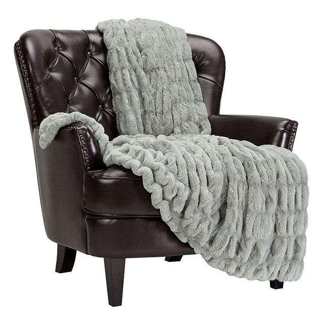Chanasya Ruched Royal Faux Fur Throw Blanket - Fuzzy Plush Elegant Blanket for Sofa Chair Couch and Bed with Reversible Velvet Blanket (50x65 Inches) Tan Sage