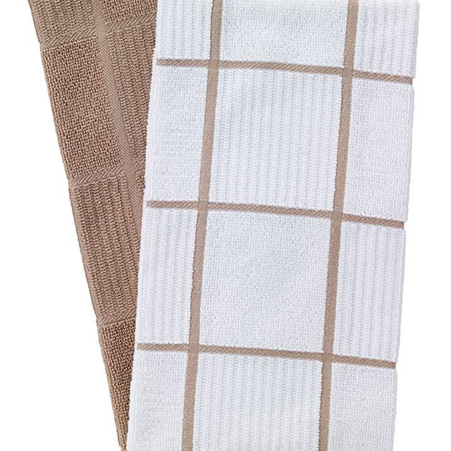 T-Fal Textiles 60959 2-Pack Solid & Check Parquet Design 100-Percent Cotton Kitchen Dish Towel, Sand, Solid/Check-2 Pack