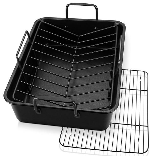 Large Roasting Pan with Rack Set of 3, P&P CHEF 16" Turkey Roaster Pan & V-shape Baking Rack & Cooling Rack for Chicken Rib Lasagna Cookie, Nonstick Coating & Stainless Steel Core, Sturdy & Healthy