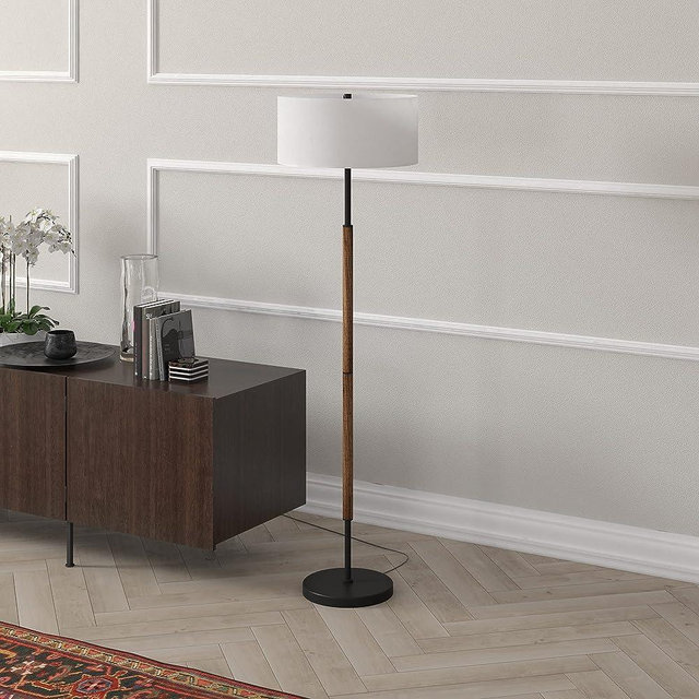 Henn&Hart 2-Light Floor Lamp with Fabric Shade in Blackened Bronze/Rustic Oak/White, Floor Lamp for Home Office, Bedroom, Living Room, 61" Tall