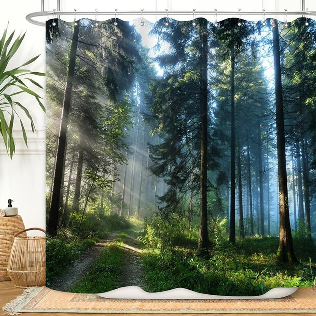ZXMBF Trees Forest Sunlight Shower Curtain Straight Tall Trees Sunshine Attractive Nature Landscape Waterproof Fabric Bathroom Decor 72x72 Inch Green Plastic Hooks 12 PCS