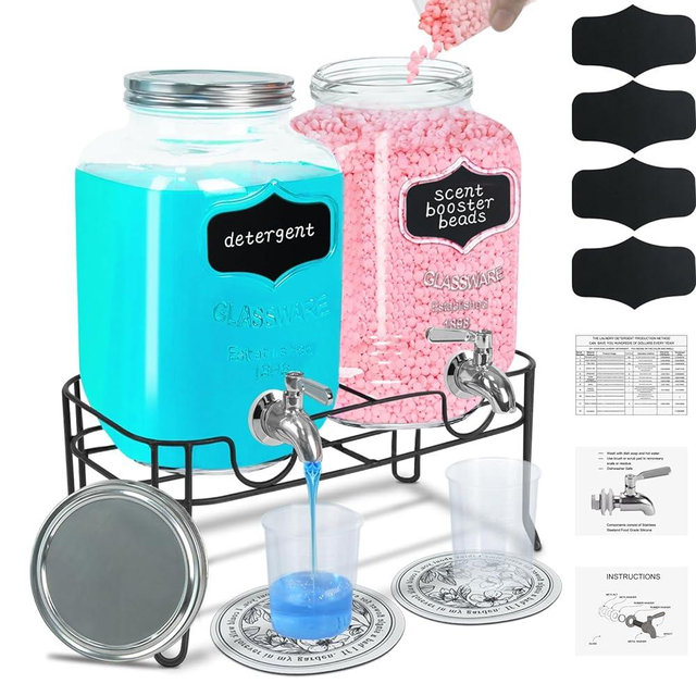 2-Pack 1.25 Gallon Glass Laundry Detergent Dispensers with Stainless Steel Faucets - Effortless Pouring, with Screw Lid, Stand, and Rubber Drip Mats for Fabric Softener & Laundry Soap
