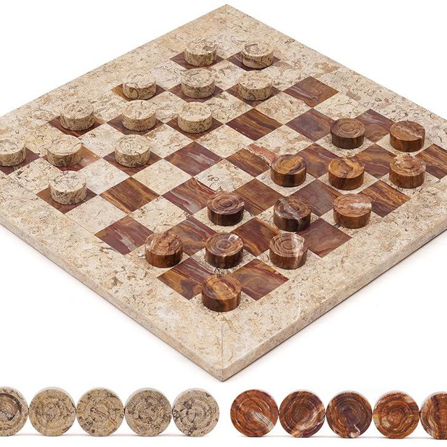 Radicaln Marble Checkers Set 15" Inches Coral and Red Handmade Checkers Board Game for Adults, Ideal Draughts Checker Pieces for Chess and Checker Games Set