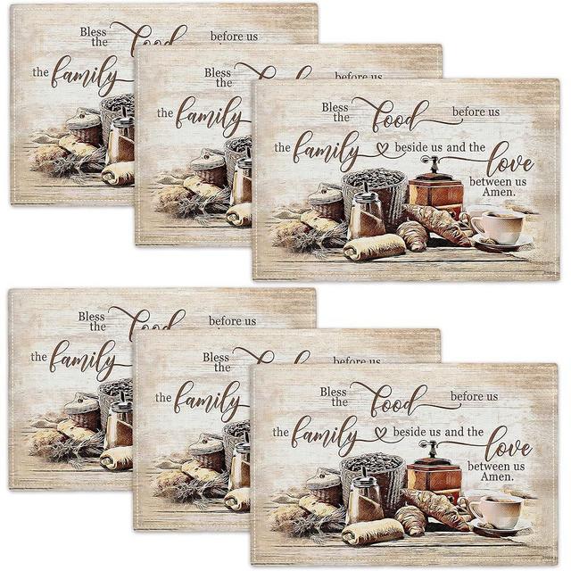 Christian Coffee Placemats Set of 6, Bless The Food Before Us Place Mats, Religious Table Mats for Kitchen Dining Table Kitchen Decor Linen 12x18 Inch