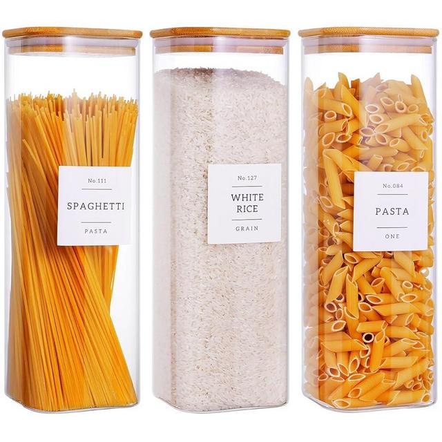 CZZGSM 3 Pack Square Glass Kitchen Storage Jars with Airtight Bamboo Lids and 132 Pantry Labels - 80oz Glass Canisters with Wood Lids - Glass Food Storage Containers for Spaghetti, Pasta, Fettuccine