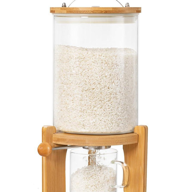 HBlife Glass Rice Dispenser with Wooden Stand Flour and Cereal Container with Glass Measuring Cup Pantry Food Organization Storage Bin with Airtight Bamboo Lid, 3L