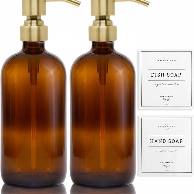 Vine Creations Amber Glass Soap Dispenser, 2 Pack Kitchen Soap Dispenser Set with Stainless Steel Pump, 16 oz Hand Soap Dispenser Bathroom, Dish Soap Dispenser for Kitchen with Waterproof Labels