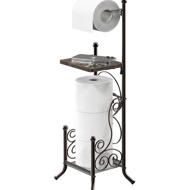 Simple Houseware English Style Bathroom Toilet Tissue Roll Holder Stand with Shelf, Bronze